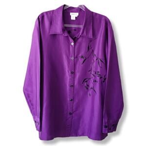 Women Purple Shantung Silk Embroidered Blouse Top XL Mature Classic Cocktail